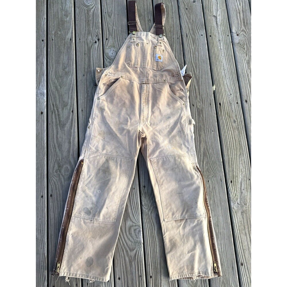 Carhartt Mens Overalls 34x30 Tan R01 BRN Distressed Work Made In USA Double Knee